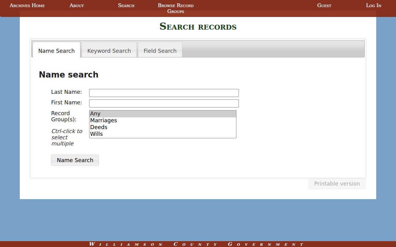 Williamson County people search in the Archives historical name index