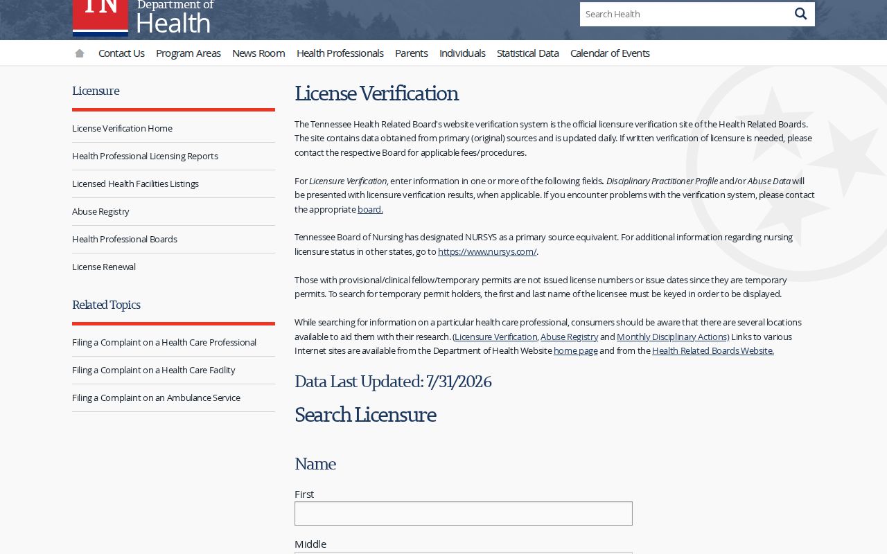 Williamson County people search through Tennessee health license records