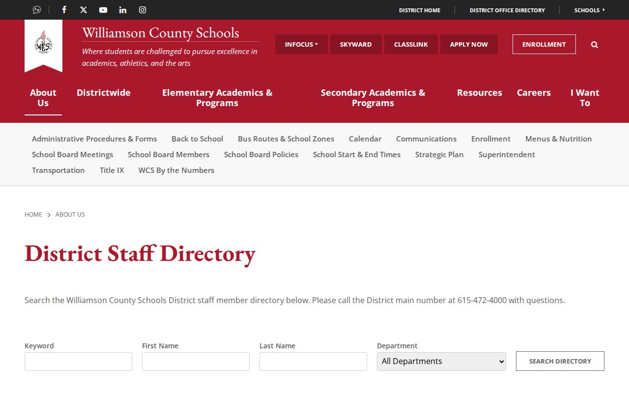 Williamson County people directories search for school district and campus staff